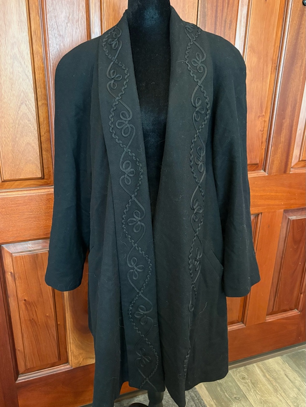 Vintage ALORNA Black 100% Wool Very Long Open Coat Embroidered Length Cording